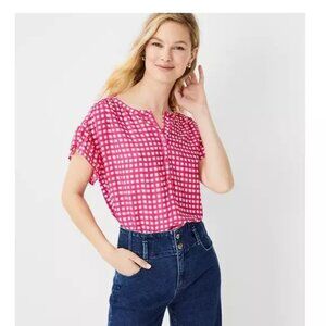 Ann Taylor Pink White Check Gingham Short Flutter Ruffle Sleeve Button Top Small